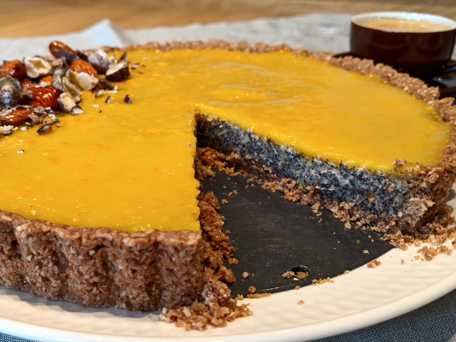 Orange Poppy Seed Tart Recipe and a cup of coffee