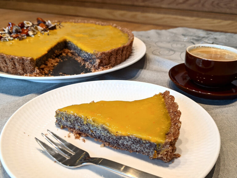 Orange Poppy Seed Tart Recipe and a cup of coffee